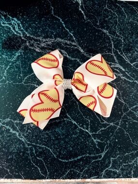 Soft Pink Baseball Heart Bow with Rhinestone Center